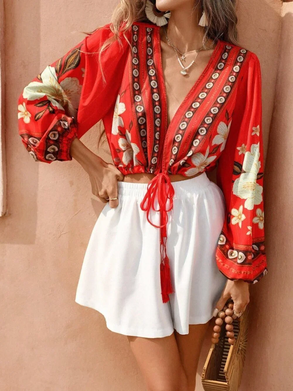 Red Boho Women's Casual V-Neck Sleeve Floral Print Tassel Top & Shorts Set